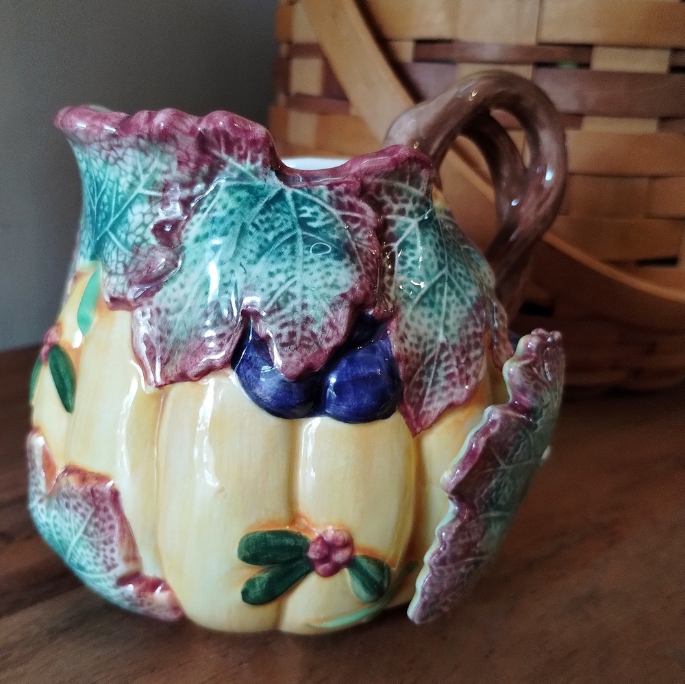 1993 Fitz & Floyd Hand Painted Ceramic 3D Harvest Banquet Pumpkin Creamer